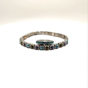 Gemstone Silvertone Stretch 7.25" Bracelet and 5.5 6.5 Ring Set Cyan Green Blue
